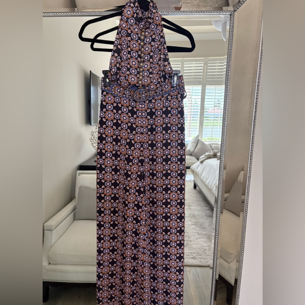 Zimmermann brown lavender Floral A-Line halter top with wide leg pant suit